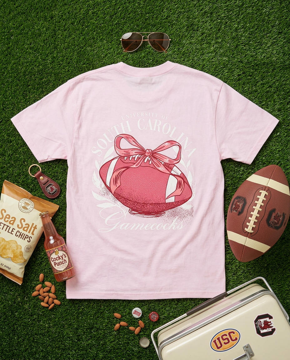 🎀 Gamecocks Football Bow T-Shirt – Light Pink