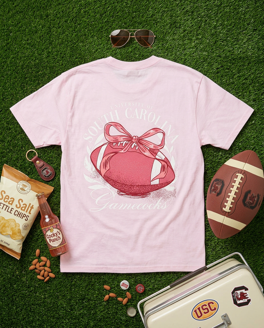 🎀 Gamecocks Football Bow T-Shirt – Light Pink