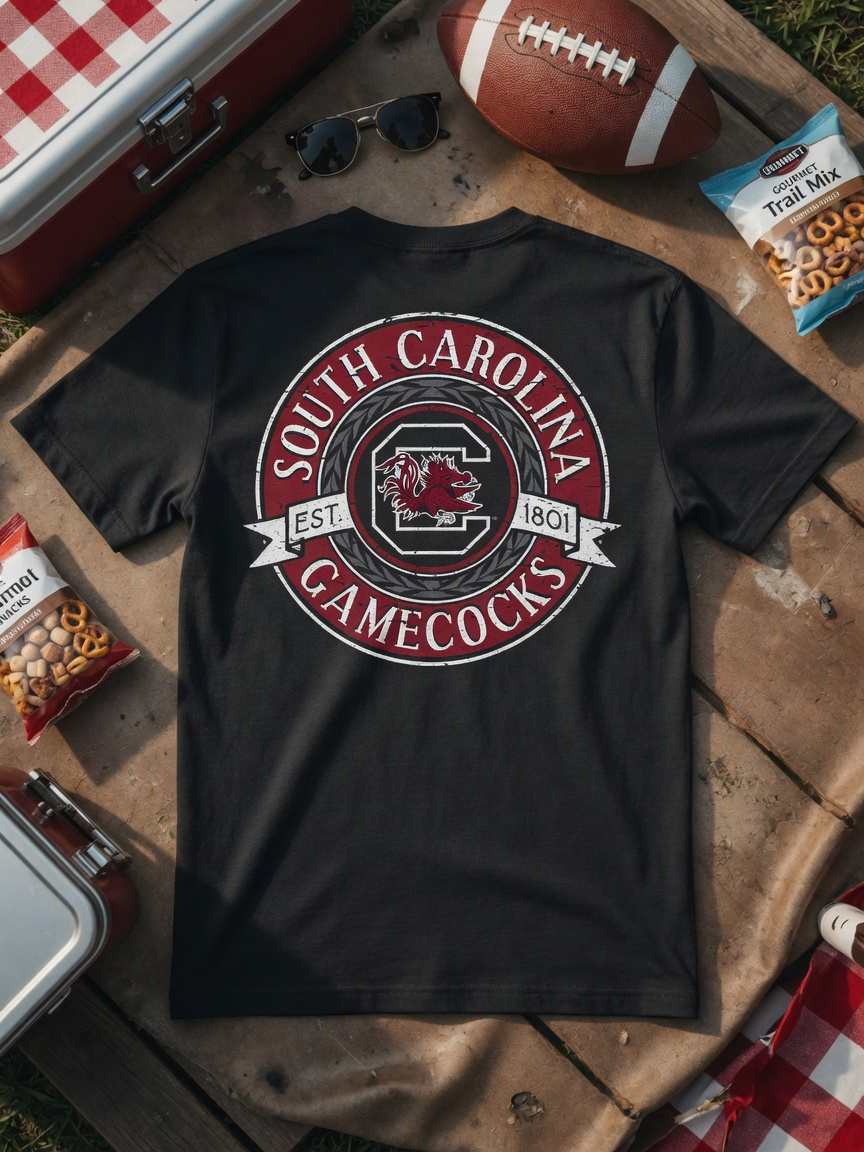 A black short-sleeve t-shirt laid flat on a wooden picnic table, featuring a large circular 'South Carolina Gamecocks' graphic on the back in red, white, and gray. The shirt is styled with a football, sunglasses, a snack bag, and a red-and-white checkered cooler around it.
