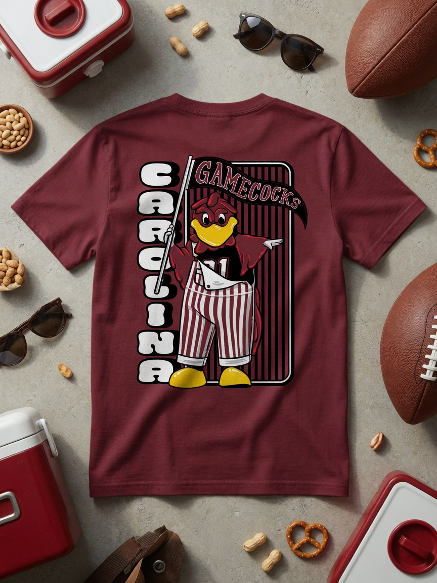 A garnet short-sleeve t-shirt with a Carolina Gamecocks graphic, styled in a flat-lay arrangement with footballs, sunglasses, pretzels, peanuts, and red-and-white coolers on a gray concrete background.